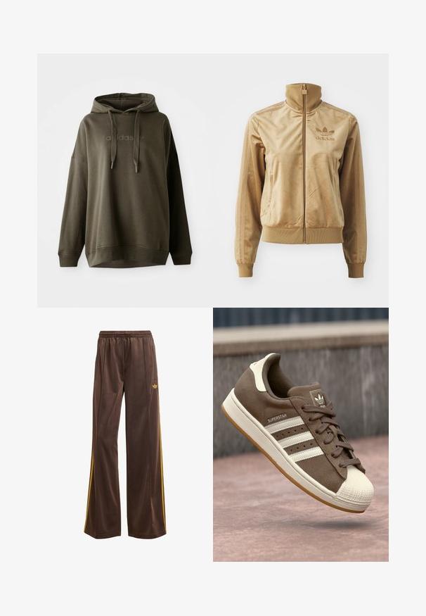 Bež velur jakna s patentnim zatvaračem i visokim ovratnikom. Sadrži rebraste rukave i rub, bočne džepove i izvezeni logotip na prsima.; Tamno maslinasto zeleni dukserica napravljena od mekog pamuka, s prednjim kenguruxdžepom, kapuljačom s žicom i utisnutim logotipom na prsima.; Smeđe atletske hlače s labavim krojem, koje imaju žute bočne pruge i elastičnu taliju. Izrađene su od glatkog, laganog materijala.; Smeđi suedetenisice s bijelim prugama, kremastim naglascima i gumenkatom nosu. Imaju vezano dizajn i teksturiranu gumu.