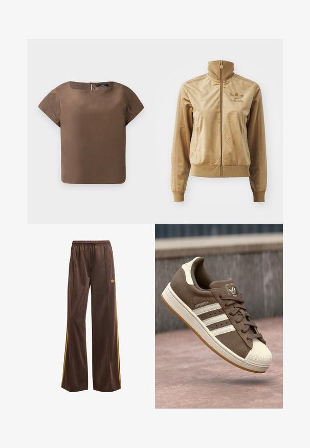 Vaaleanruskea velour-viitta, jossa on korkea kaulus. Ainoa ribbaus hihansuissa ja helmassa, sivutaskut sekä brodeerattu logo rinnassa.; Ruskea lyhythihainen paita, jossa on pyöreä kaula-aukko ja takakuvun vetoketju. Valmistettu sileästä kankaasta, jossa on siisti, laatikkomainen siluetti eikä kuvioita.; Ruskeat urheiluhousut, joissa on väljä malli, keltaiset sivujuovat ja elastinen vyötärö. Valmistettu sileästä, kevyestä materiaalista.; Ruskeat mokka-tennarit, joissa on valkoiset raidat, kermaiset yksityiskohdat ja kuminen kärki. Varustettu nauhaketjulla ja kuvioidulla kuminpohjalla.