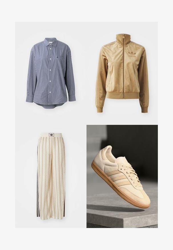 Bež velur jakna na zip z visokim ovratnikom. Ima rebraste manšete in rob, stranske žepe ter izvezeno logo na prsih.; Mornarsko modra in bela črtasta srajca z dolgimi rokavi, klasičnim ovratnikom, sprednjim žepom in gumbastim zapiranjem. Mehka tkanina z gladko teksturo.; Hlače širokega kroja kremne barve z zigzag vzorcem, opremljene z črnim logotipom na pasu in stranskimi črnimi črtami. Lahka, teksturirana tkanina.; Svetlo bež semišni športni copat z gumijastim podplatom, trije poševni trakovi in teksturiran zaščitni del. Vsebuje logotip na ježku in strani.