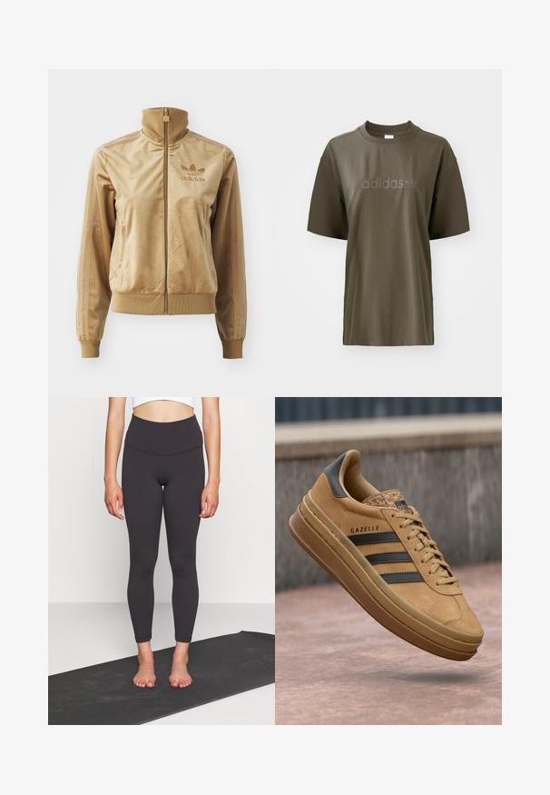Šviesiai ruda velūrinė striukė su užtrauktuku ir aukštu apykakle. Savybės: pūstos rankovės ir apatinis kraštas, šoninės kišenės bei siuvinėtas logotipas ant krūtinės.; Alyvuogių žalios medvilnės marškinėliai su apvalia iškirpte, trumpomis rankovėmis ir toniniu "adidas" logotipu krūtinėje. Minimalistinis dizainas ir sklandi tekstūra.; Aukštos juosmens juodos leggingos iš lygaus, tamprios medžiagos, su prigludusia siluetu, baigiasi ties kulkšnimi. Derinkite su trumpa palaidine ant jogos kilimėlio.; Šviesiai rudi zomšiniai sportbačiai su lygiu paviršiumi, turintys tris tamsias juostas, apvalų nosį ir storesnį padu su raštuota briauna.