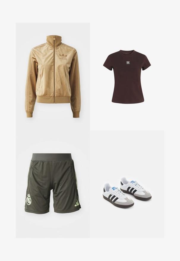 Béžová sametová bunda na zip s vysokým límcem. Obsahuje žebrované manžety a lem, boční kapsy a vyšívané logo na hrudi.; Hnědé tričko s krátkým rukávem vyrobené z bavlny. Na hrudi je bílé logo Adidas. Má jednoduchý kulatý výstřih a přiléhavý střih.; Tmavě zelené sportovní kraťasy s elastickým pasem, které mají boční kapsy a světlezelené logo na levé dolní noze.; Sportovní boty s bílým koženým svrškem, šedou semišovou špičkou a třemi černými pruhy. Obsahují modré logo na jazyku a texturovanou gumovou podrážku.