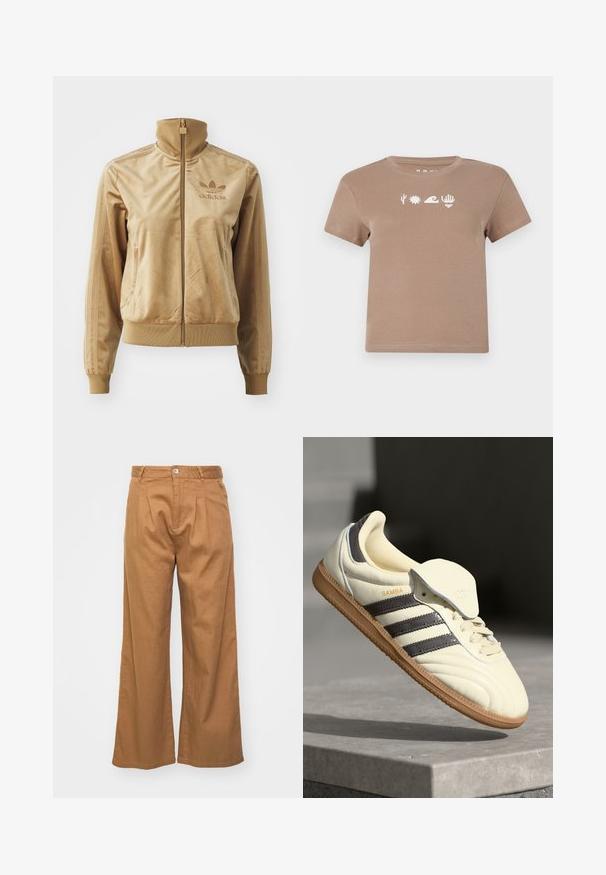 Bež velur jakna na zip z visokim ovratnikom. Ima rebraste manšete in rob, stranske žepe ter izvezeno logo na prsih.; Rjava bombažna majica s krožnim izrezom. Ima bele grafične elemente: kaktus, sonce, val, roka in srce. Kratke rokave.; Svetlo rjave široke hlače iz teksturiranega blaga, s sprednjimi gubami in enim gumbom za zapiranje v pasu.; Kremne usnjene superge s tremi temnimi črtami, rjavim gumjastim podplatom in zaobljenim nosom. Imajo zložljiv jezik z oznako "SAMBA."