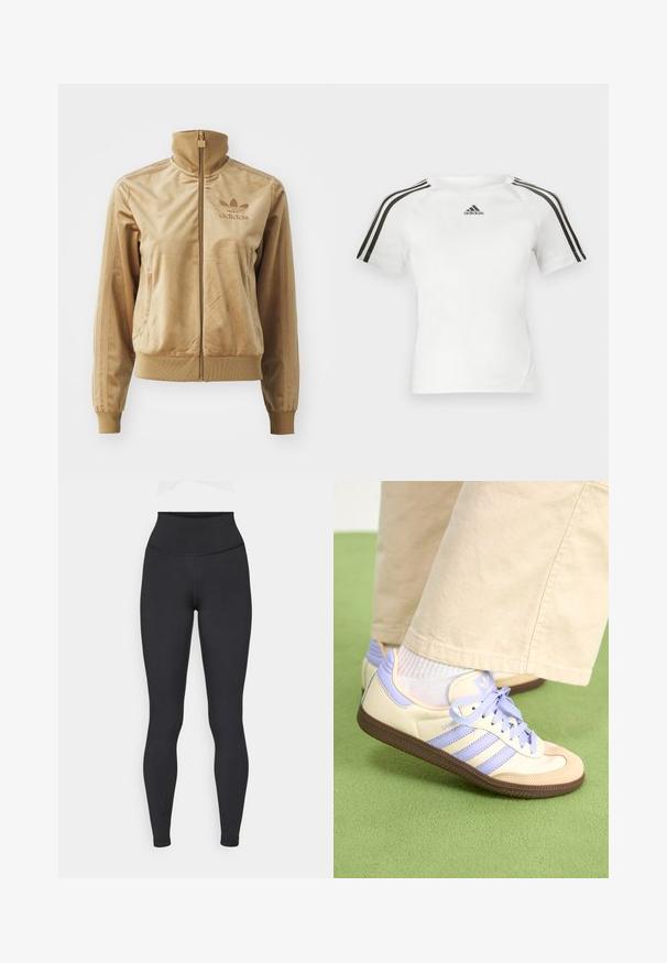 Beżowa, welurowa kurtka z zamkiem, z wysokim kołnierzem. Zawiera ściągacze przy mankietach i u dołu, kieszenie boczne oraz haftowane logo na piersi.; Biała sportowa koszulka z krótkim rękawem z czarnym wzorem trzech pasków na ramionach, gładka faktura i małe czarne logo adidas na piersi.; Czarne legginsy z wysokim stanem, wykonane z elastycznego materiału, charakteryzujące się gładką fakturą i dopasowanym krojem, bez widocznych logo czy wzorów.; Kremowe i lawendowe trampki z trzema paskami oraz teksturowaną brązową podeszwą, wyposażone w sznurówki i wyścieloną piętę. Górna część z miękkiego materiału.