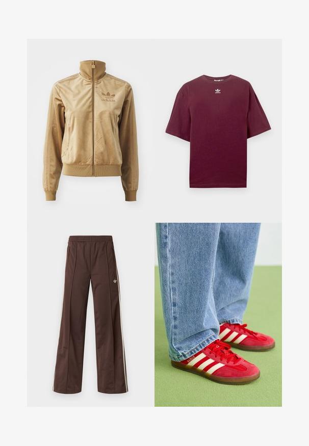 Jaqueta de veludo bege com fecho éclair e gola alta. Apresenta punhos e bainha canelados, bolsos laterais e logótipo bordado no peito.; T-shirt de algodão cor bordô com gola redonda e mangas curtas, apresentando um logótipo branco da Adidas centrado no peito. Textura suave.; Calças desportivas castanhas com design de perna larga, riscas laterais brancas, cintura elástica e dois bolsos laterais. Apresentam um pequeno logótipo na perna.; Tênis de camurça vermelhos com três riscas brancas, biqueira redonda e sola texturizada, combinados com jeans de ganga azul claro em um fundo verde.