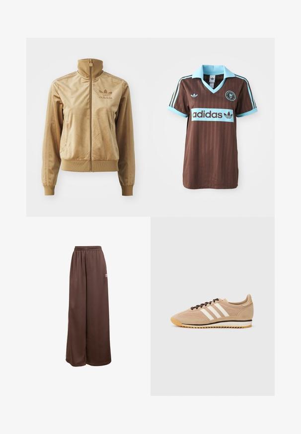 Tan velour zip-up jacket with a high collar. Features ribbed cuffs and hem, side pockets, and embroidered logo on the chest.; Brown athletic jersey featuring a light blue collar and striped accents. "Adidas" logo prominently displayed across the chest.; adidas Originals Tracksuit bottoms - auburn cream white; Tan suede and mesh sneakers with brown laces and three white stripes. Paired with green and white striped trousers, resting on a blue surface.