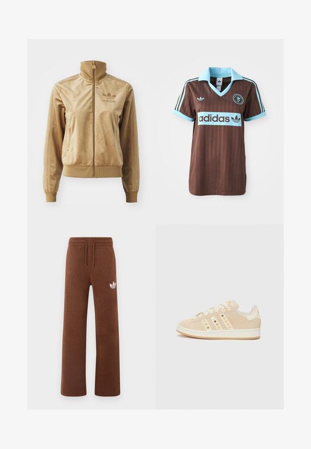 Béžová sametová bunda na zip s vysokým límcem. Obsahuje žebrované manžety a lem, boční kapsy a vyšívané logo na hrudi.; Hnědý sportovní dres s světle modrým límečkem a pruhovanými akcenty. Logo "Adidas" výrazně umístěné na hrudi.; Hnědé tepláky vyrobené z měkkého materiálu s volným střihem, s elastickým pasem, šňůrkou a bílým logem na levém stehně.; adidas Originals CAMPUS 00S W - Tenisky - sand strata/cream white/gold-coloured