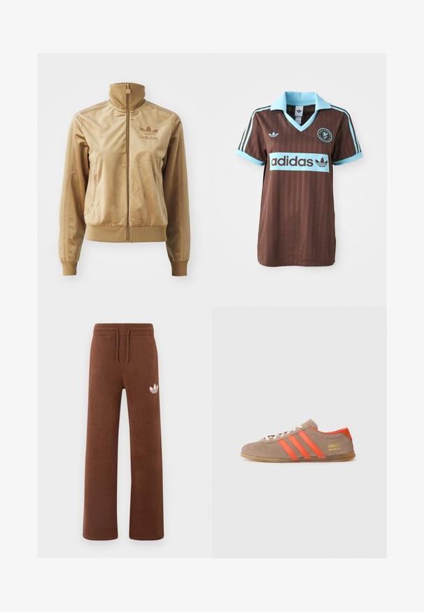 Jaqueta de veludo bege com fecho éclair e gola alta. Apresenta punhos e bainha canelados, bolsos laterais e logótipo bordado no peito.; Camisa de desporto castanha com colarinho azul-claro e detalhes em riscas. Logótipo "Adidas" bem visível no peito.; Calças de moletão castanhas em tecido suave com um corte descontraído, apresentando um cós elástico, cordão ajustável e um logótipo branco na coxa esquerda.; Sapatilhas de camurça castanha com três riscas laranjas brilhantes, atacadores à frente e logo dourado "Gazelle" na lateral. Sola de borracha plana.