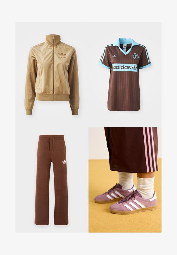 Jaqueta de veludo bege com fecho éclair e gola alta. Apresenta punhos e bainha canelados, bolsos laterais e logótipo bordado no peito.; Camisa de desporto castanha com colarinho azul-claro e detalhes em riscas. Logótipo "Adidas" bem visível no peito.; Calças de moletão castanhas em tecido suave com um corte descontraído, apresentando um cós elástico, cordão ajustável e um logótipo branco na coxa esquerda.; Ténis de camurça roxos com riscas brancas, sola de borracha e detalhes texturizados, combinados com meias brancas com riscas e calças de treino castanhas com riscas rosas.