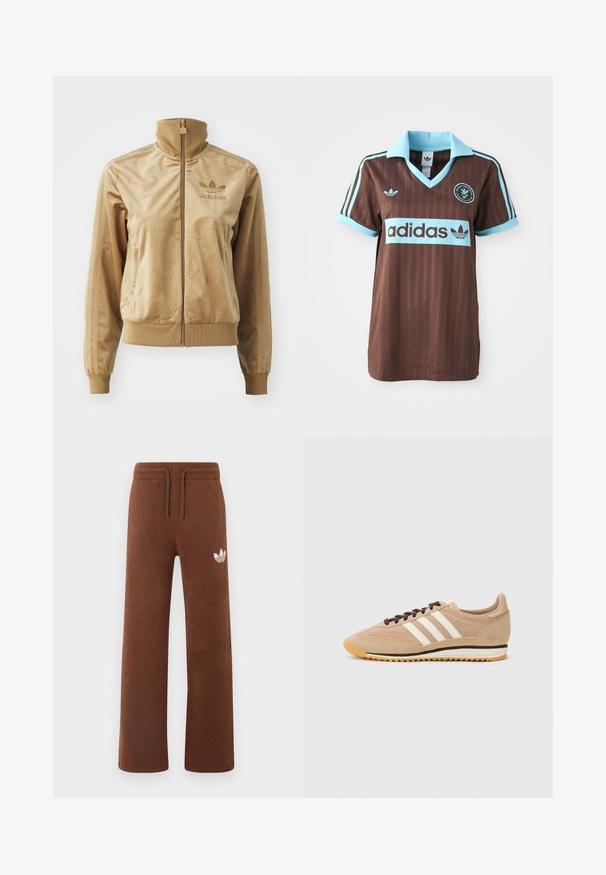 Jaqueta de veludo bege com fecho éclair e gola alta. Apresenta punhos e bainha canelados, bolsos laterais e logótipo bordado no peito.; Camisa de desporto castanha com colarinho azul-claro e detalhes em riscas. Logótipo "Adidas" bem visível no peito.; Calças de moletão castanhas em tecido suave com um corte descontraído, apresentando um cós elástico, cordão ajustável e um logótipo branco na coxa esquerda.; Sapatilhas de camurça e rede em tom bege com atacadores castanhos e três riscas brancas. Emparelhadas com calças listradas em verde e branco, repousando sobre uma superfície azul.