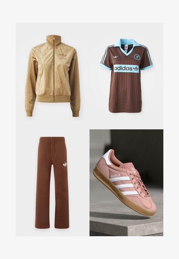 Jaqueta de veludo bege com fecho éclair e gola alta. Apresenta punhos e bainha canelados, bolsos laterais e logótipo bordado no peito.; Camisa de desporto castanha com colarinho azul-claro e detalhes em riscas. Logótipo "Adidas" bem visível no peito.; Calças de moletão castanhas em tecido suave com um corte descontraído, apresentando um cós elástico, cordão ajustável e um logótipo branco na coxa esquerda.; Sapatilhas em camurça rosa com riscas brancas, sola de borracha, parte superior texturizada e logótipo na língua. Design clássico de cano baixo.