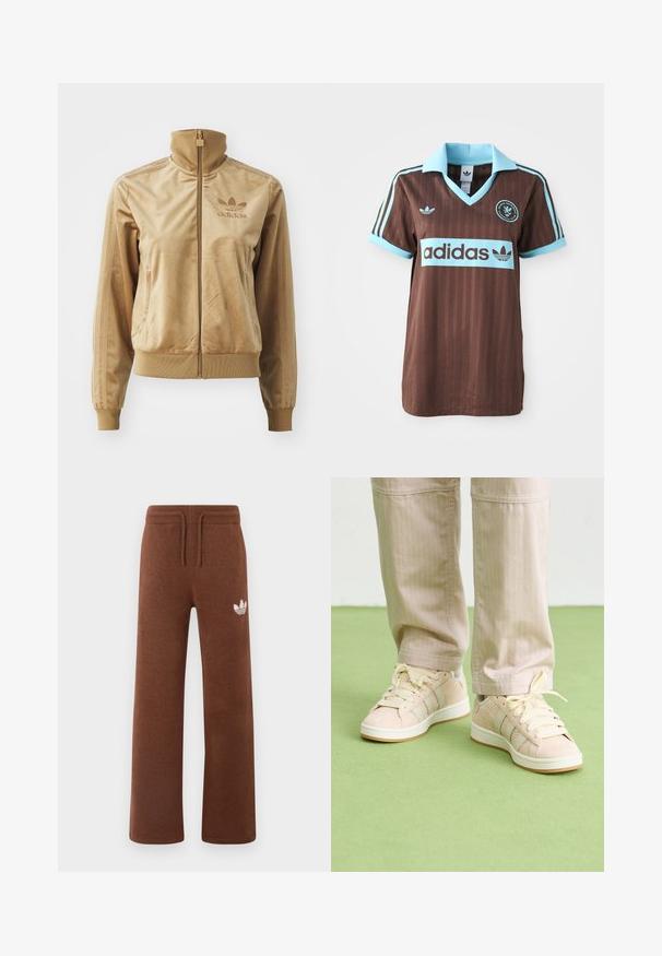 Tan velour zip-up jacket with a high collar. Features ribbed cuffs and hem, side pockets, and embroidered logo on the chest.; Brown athletic jersey featuring a light blue collar and striped accents. "Adidas" logo prominently displayed across the chest.; Brown sweatpants in soft fabric with a relaxed fit, featuring an elastic waistband, drawstring, and a white logo on the left thigh.; Beige sneakers featuring a textured fabric, light cream stripes, and matching laces. Rounded toe and white rubber sole with brown accents.