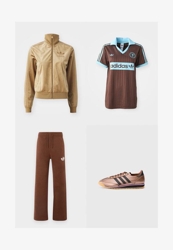 Bež velur jakna s patentnim zatvaračem i visokim ovratnikom. Sadrži rebraste rukave i rub, bočne džepove i izvezeni logotip na prsima.; Smeđi atletski dres s lagano plavim kragnom i prugastim akcentima. Logo "Adidas" jasno istaknut na prsima.; Smeđe trenirke od mekog materijala s opuštenim krojem, s elastičnim pojasom, vezicom i bijelim logotipom na lijevom bedru.; Brončane atletske tenisice s tri crne pruge, glatka tekstura, vezivanje, kontrastna svijetlosmeđa potplat s ljubičastim naglaskom, retro stil.