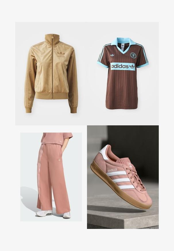 Tan velours zip-up jack met een hoge kraag. Bevat ribgebreide boorden en zoom, zijzakken en een geborduurd logo op de borst.; Bruine sporttrui met een lichtblauwe kraag en gestreepte accenten. Het "Adidas" logo is prominent op de borst afgebeeld.; Roze wijde sweatpants gemaakt van zachte stof, met witte zijkanten en een geborduurd logo op de linkse heup.; Roze suède sneakers met witte strepen, rubberen gumzool, gestructureerde bovenkant en logo op de tong. Klassiek low-top ontwerp.