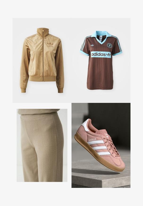 Tan Velours Sweatjacke mit hohem Kragen. Verfügt über gerippte Bündchen und Saum, seitliche Taschen und ein gesticktes Logo auf der Brust.; Braunes Sporttrikot mit einem hellblauen Kragen und gestreiften Akzenten. Das "Adidas"-Logo ist deutlich über der Brust angebracht.; Beige Rippenstoffhosen mit leichtem Glanz, die ein elegantes Design und eine glatte Textur aufweisen und bis zu einem geraden Bein reichen.; Rosa Wildleder-Sneaker mit weißen Streifen, Gummisohle, strukturiertem Obermaterial und Logo auf der Zunge. Klassisches Low-Top-Design.