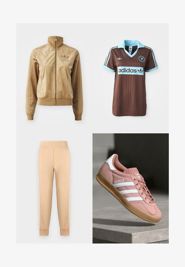 Barna velúr zipzáros dzseki magas gallérral. Bordás mandzsettákkal és aljjal, oldalsó zsebekkel, és hímzett logóval a mellen.; Barna sportmez világoskék gallérral és csíkos díszítésekkel. Az "Adidas" logo jól láthatóan a mellkason.; Beige színű melegítőnadrág sima textúrával, amely tapered (keskenyített) kialakítással, rugalmas derékkal és mintás oldalsó panelekből áll.; Rózsaszín velúr sportcipő fehér csíkokkal, gumitalppal, textúrált felsőrésszel és logóval a nyelvén. Klasszikus alacsony fazon.