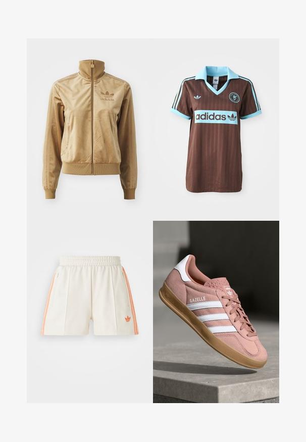 Béžová sametová bunda na zip s vysokým límcem. Obsahuje žebrované manžety a lem, boční kapsy a vyšívané logo na hrudi.; Hnědý sportovní dres s světle modrým límečkem a pruhovanými akcenty. Logo "Adidas" výrazně umístěné na hrudi.; Bílé sportovní šortky s elastickým pasem, které mají oranžové boční pruhy a vyšívané logo na levém lemu. Hladká textura látky.; Růžové semišové tenisky s bílými pruhy, gumovou podrážkou, texturovaným svrškem a logem na jazyku. Klasický nízký design.