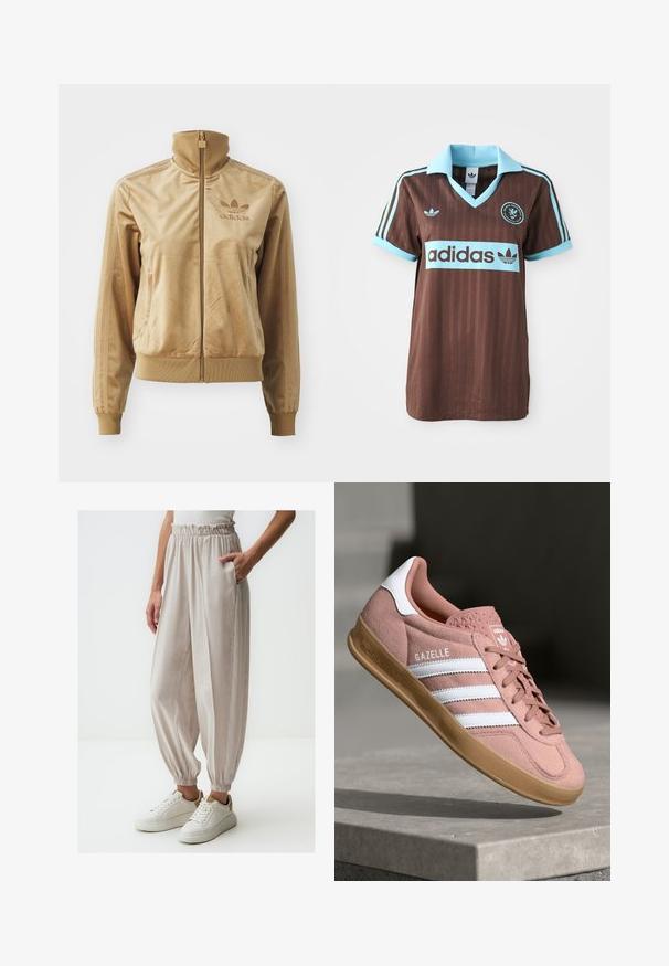 Tan velour zip-up jacket with a high collar. Features ribbed cuffs and hem, side pockets, and embroidered logo on the chest.; Brown athletic jersey featuring a light blue collar and striped accents. "Adidas" logo prominently displayed across the chest.; Light beige, loosely fitting pants with a gathered waist and elastic cuffs, featuring side pockets and smooth texture, paired with white sneakers.; Pink suede sneaker with white stripes, rubber gum sole, textured upper, and logo on tongue. Classic low-top design.