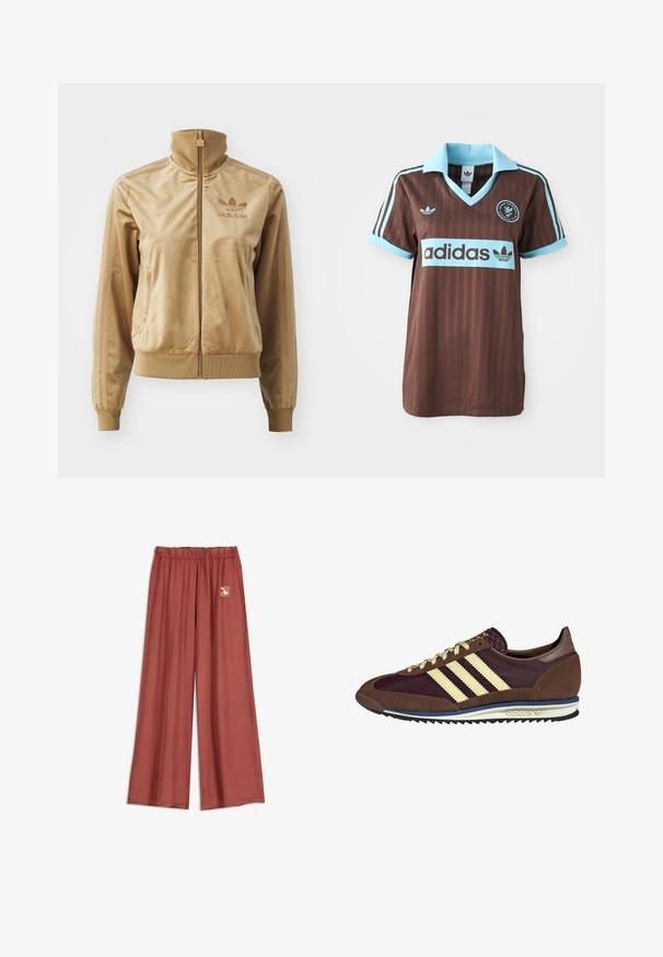 Tan velours zip-up jack met een hoge kraag. Bevat ribgebreide boorden en zoom, zijzakken en een geborduurd logo op de borst.; Bruine sporttrui met een lichtblauwe kraag en gestreepte accenten. Het "Adidas" logo is prominent op de borst afgebeeld.; Brede roestkleurige broek met een elastische tailleband en een klein abstract patroon aan de rechterkant nabij de taille.; Bruine en bordeauxkleurige sneaker van suede en mesh materiaal, met drie crèmekleurige strepen, een gemêleerd stof op de tong en een rubberen zool.