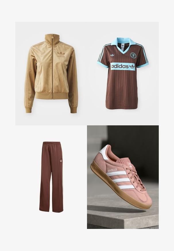 Veste zippée en velours beige avec un col haut. Comprend des poignets et un ourlet côtelés, des poches latérales et un logo brodé sur la poitrine.; Maillot de sport brun avec un col bleu clair et des accents rayés. Le logo "Adidas" est affiché en évidence sur la poitrine.; Pantalon de sport marron avec une coupe décontractée. Fabriqué en tissu lisse, présentant des poches latérales, des bandes blanches et un petit logo blanc sur la cuisse.; Baskets en suede rose avec des rayures blanches, semelle en caoutchouc, supérieur texturé et logo sur la languette. Design classique basse.