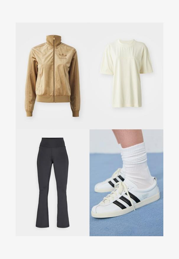 Tan velour zip-up jacket with a high collar. Features ribbed cuffs and hem, side pockets, and embroidered logo on the chest.; Cream-colored cotton T-shirt with a round neck, short sleeves, and embossed "adidas" logo on the chest. Smooth texture and relaxed fit.; Black high-waist flare leggings with visible stitching, made from stretchy, smooth fabric, shown flat against a white background.; White leather sneakers with black stripes, cream outsole, and light laces. Worn with white ribbed socks, positioned on blue background.