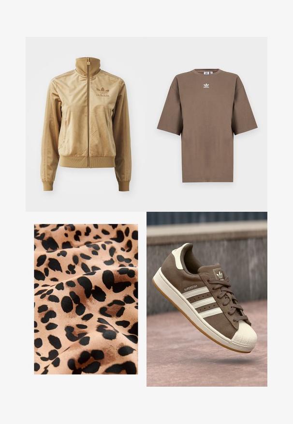 Kreemjas veluurist kapuutsiga jakki, mis sulgub tõmbel. Omab soonikkudega mansette ja allääri, küljetaskuid ning tikandiga logo rinnal.; Pruun puuvillane T-särk lühikeste varrukatega, ümar kaelus ja valge Adidas'i logo keskpunktis rinnal, lihtne disain ja mugav lõige.; Leopardi mustriga kangas, millel on suured mustad laigud beeži taustal, sile satiininterjöör ja voolav välimus.; Pruunist nubukist tennisjalanõud valgete triipude, kreemjate aktsentide ja kummist toe-kate'ga. Omab nööridega sulgemist ja tekstuurset kummist talla.
