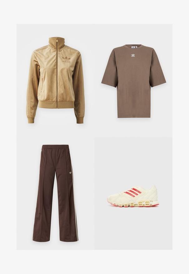 Bež velur jakna s patentnim zatvaračem i visokim ovratnikom. Sadrži rebraste rukave i rub, bočne džepove i izvezeni logotip na prsima.; Smeđa pamuk majica s kratkim rukavima, okruglim izrezom i bijelim Adidas logotipom centriranim na prsima, s jednostavnim dizajnom i opuštenim krojem.; Smeđe sportske hlače širokih nogavica, s bijelim bočnim prugama, elastičnim pojasom i dva bočna džepa. Na nozi se nalazi mali logo.; Sportska obuća s kremasto bijelim gornjim dijelom, crvenim trakama sa strane i prepoznatljivom potplatom s petljom; mrežasti materijal osigurava prozračnost.