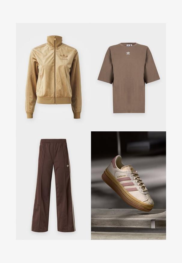 Jaqueta de veludo bege com fecho éclair e gola alta. Apresenta punhos e bainha canelados, bolsos laterais e logótipo bordado no peito.; T-shirt de algodão castanho com mangas curtas, decote redondo e logo branco da Adidas centrado no peitoral, apresentando um design simples e um corte descontraído.; Calças desportivas castanhas com design de perna larga, riscas laterais brancas, cintura elástica e dois bolsos laterais. Apresentam um pequeno logótipo na perna.; Shoe de camurça branca com detalhes em rosa, apresentando três riscas e um logo dourado. Biqueira texturizada e sola de borracha castanha. Design clássico.