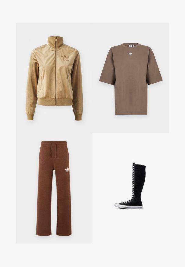 Bež velur jakna na zip z visokim ovratnikom. Ima rebraste manšete in rob, stranske žepe ter izvezeno logo na prsih.; Brahna bomba majica s kratkimi rokavi, okroglo ovratnikom in belim Adidasovim logotipom v sredini prsnega dela, z enostavnim dizajnom in sproščenim krojem.; Rjave trenirke iz mehkega materiala s sproščenim krojem, ki imajo elastičen pas, vrvico in bel logotip na levem stegnu.; Črne visoke superge z visokim dizajnom, narejene iz platna. Imajo bele vezalke, šivanje in gumijast podplat z zaščito za prste.