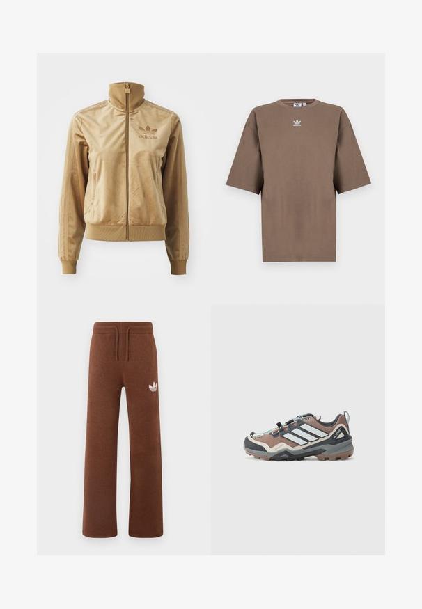 Tan Velours Sweatjacke mit hohem Kragen. Verfügt über gerippte Bündchen und Saum, seitliche Taschen und ein gesticktes Logo auf der Brust.; Braunes Baumwoll-T-Shirt mit kurzen Ärmeln, Rundhals und weißem Adidas-Logo, das zentral auf der Brust platziert ist. Das Design ist schlicht und der Schnitt ist locker.; Braune Sweatpants aus weichem Stoff mit lockerem Schnitt, ausgestattet mit einem elastischen Bund, einem Kordelzug und einem weißen Logo am linken Oberschenkel.; Leichter brauner und grauer Trailschuh mit strukturiertem Obermaterial, Gummisohle, reflektierenden Streifen und einem Schnellschnürsystem. Gore-Tex-Label sichtbar.