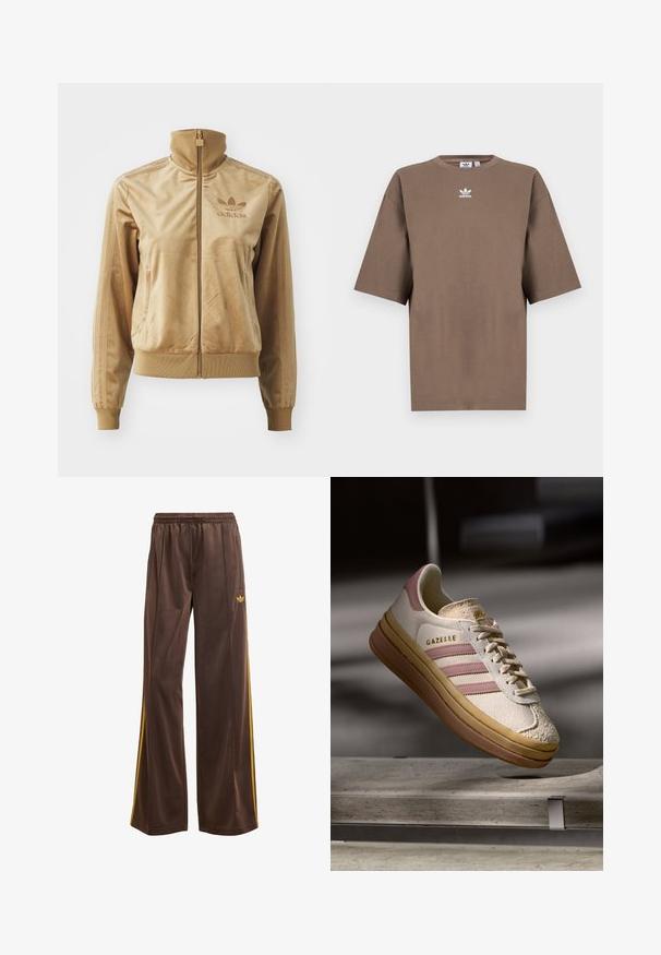 Veltīgs bēšs ar zips aizdara žakets ar augstu apkakli. Satur ribotās aproces un apakšmala, sānu kabatas un izšuvumu uz krūts.; Brūna kokvilnas T-krekls īsām piedurknēm, apaļa kakla izgriezums, ar baltu Adidas logo centrā krūtīs, ar vienkāršu dizainu un brīvu piegriezumu.; Brūni sporta bikses ar brīvu piegriezumu, ar dzeltenām sānu svītrām un elastīgu jostasvietu. Izgatavotas no gluda, viegla materiāla.; Bianchi zamšas sporta apavi ar rozā akcentiem, ar trim svītrām un zelta logotipu. Tekstūrēts purngalis un brūna gumijas zole. Klasisks dizains.