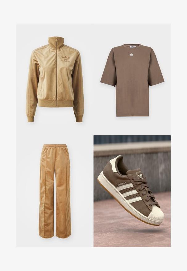 Šviesiai ruda velūrinė striukė su užtrauktuku ir aukštu apykakle. Savybės: pūstos rankovės ir apatinis kraštas, šoninės kišenės bei siuvinėtas logotipas ant krūtinės.; Ruda medvilninė marškinėliai su trumpomis rankovėmis, apvaliu kaklu ir baltu Adidas logotipu, esančiu viduryje krūtinės, pasižymintys paprastu dizainu ir laisvu sijonu.; Kreminės pločio kojų kelnės, pagamintos iš švelnaus, veliūrinio audinio. Yra elastinga juosmens juosta ir vertikalios siūlės priekyje, suteikiančios papildomo akcento.; Rudi suede sportbačiai su baltais dryžiais, kreminėmis detalėmis ir guminiu pirštu. Sukurti palaidų raištelių dizaino ir tekstūruotais guminiais padais.