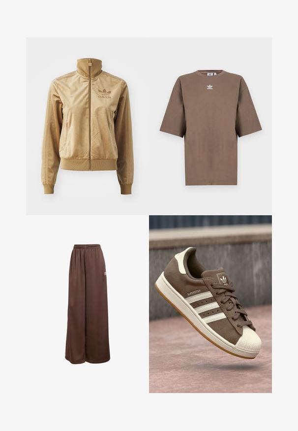 Tan velour zip-up jakke med høj krave. Har ribbede manchetter og kant, sidelommer og broderet logo på brystet.; Brun bomulds t-shirt med korte ærmer, rund hals og hvid Adidas-logo centreret på brystet, som har et enkelt design og en afslappet pasform.; adidas Originals Træningsbukser - auburn cream white; Brune ruskinds sneakers med hvide striber, cremefarvede detaljer og gummiskal tå. Har snørebåndsdesign og struktureret gummisål.