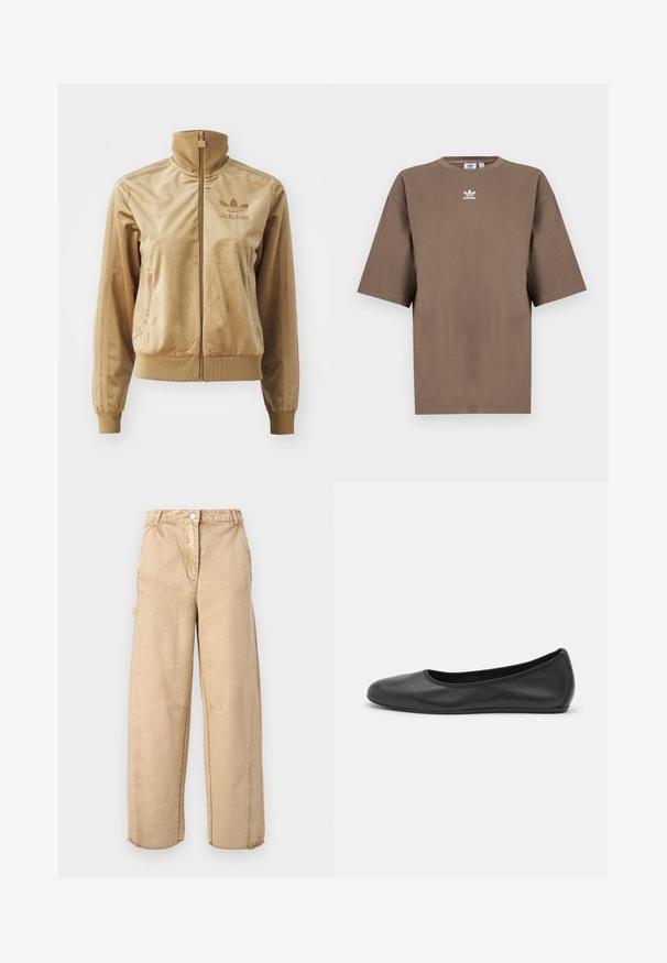 Tan velour zip-up jakke med høy krage. Den har ribbestrikkede mansjetter og kant, sidelommer og brodert logo på brystet.; Brun bomulls t-skjorte med korte ermer, rund hals og hvit Adidas-logo sentrert på brystet, med ensartet design og avslappet passform.; Beige vide bukser med knappeåpning, to sidelommer, lett slitasje og frynsete kanter. Laget av et mykt, teksturert stoff.; Svart skinnballettflatt med rund tå, glatt tekstur, minimal sømdetalj, og et fleksibelt såledesign.