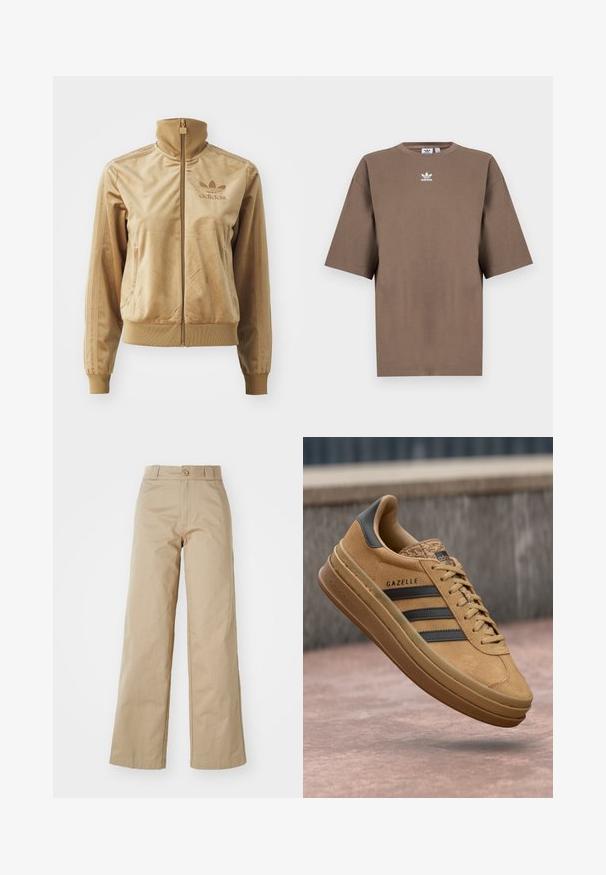 Tan velour zip-up jacket with a high collar. Features ribbed cuffs and hem, side pockets, and embroidered logo on the chest.; Brown cotton t-shirt with short sleeves, round neck, and white Adidas logo centered at the chest, featuring a plain design and relaxed fit.; Beige wide-leg trousers made of cotton, featuring a button closure and belt loops, with a smooth texture and clean finish.; Tan suede sneakers with a smooth texture, featuring three dark stripes, a rounded toe, and a thicker sole with a patterned edge.