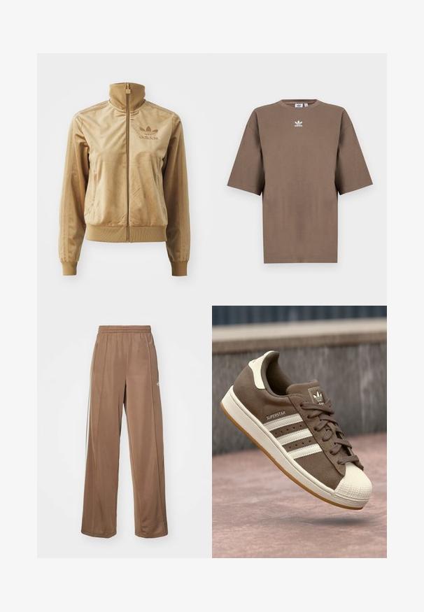 Tan velours zip-up jack met een hoge kraag. Bevat ribgebreide boorden en zoom, zijzakken en een geborduurd logo op de borst.; Bruine katoenen t-shirt met korte mouwen, ronde hals en wit Adidas-logo gecentreerd op de borst, met een eenvoudige uitstraling en een relaxte pasvorm.; Bordeaux sportieve broek van zachte stof, met een elastische tailleband, zijzakken en witte logo-accenten op de linkerheup.; Bruine suède sneakers met witte strepen, crème accenten en een rubberen shellneus. Voorzien van een vetersluiting en een textuur van gumzool.