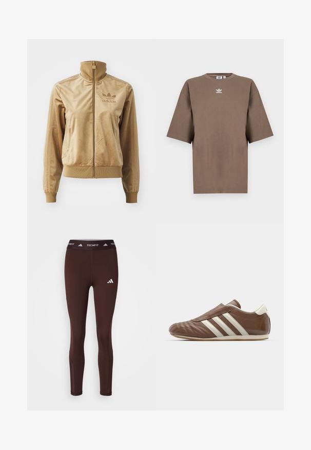 Bež velur jakna s patentnim zatvaračem i visokim ovratnikom. Sadrži rebraste rukave i rub, bočne džepove i izvezeni logotip na prsima.; Smeđa pamuk majica s kratkim rukavima, okruglim izrezom i bijelim Adidas logotipom centriranim na prsima, s jednostavnim dizajnom i opuštenim krojem.; adidas Performance TF STASH 1/1 L - Tajice-hlače - shadow brown; adidas Originals TAEKWONDO - Obuća za navlačenje - preloved brown/off white