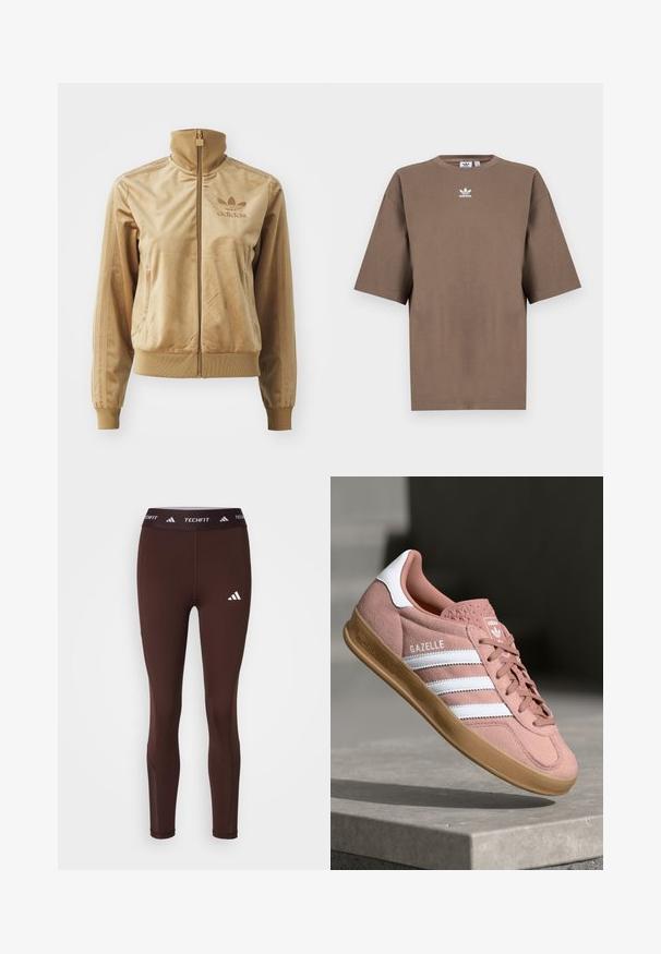 Bež velur jakna na zip z visokim ovratnikom. Ima rebraste manšete in rob, stranske žepe ter izvezeno logo na prsih.; Brahna bomba majica s kratkimi rokavi, okroglo ovratnikom in belim Adidasovim logotipom v sredini prsnega dela, z enostavnim dizajnom in sproščenim krojem.; adidas Performance TF STASH 1/1 L - Pajkice – hlače - shadow brown; Roza semiš športni copat z belimi črtami, gumijastim podplatom, teksturiranim zgornjim delom in logotipom na ježku. Klasična nizka zasnova.