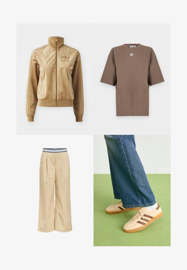 Kreemjas veluurist kapuutsiga jakki, mis sulgub tõmbel. Omab soonikkudega mansette ja allääri, küljetaskuid ning tikandiga logo rinnal.; Pruun puuvillane T-särk lühikeste varrukatega, ümar kaelus ja valge Adidas'i logo keskpunktis rinnal, lihtne disain ja mugav lõige.; Beežid laiad püksid mustvalge triibulise elastse vöökohtaga, millel on ees voldid ja sile puuvillane tekstuur.; Beežid spordijalatsid tekstuursete kreemjatest paneelidest ja pruunidest triipudest, koos siniste denim pükstega. Püksid on avara säärega ja narmendava äärega.