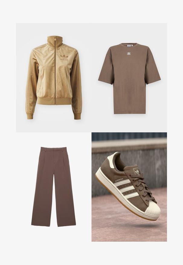 Bež velur jakna na zip z visokim ovratnikom. Ima rebraste manšete in rob, stranske žepe ter izvezeno logo na prsih.; Brahna bomba majica s kratkimi rokavi, okroglo ovratnikom in belim Adidasovim logotipom v sredini prsnega dela, z enostavnim dizajnom in sproščenim krojem.; Hlače širokih nogavic v enotni rjavi tkanini, z gladko teksturo, sprednjimi pregibi in natančno oblikovanim pasom. Brez vidnih logotipov ali vzorcev.; Svetlo rjave semiš teniske z belimi črtami, kremnimi dodatki in gumijastim zaščitnim toe-delom. Imajo vezanje in teksturiran gumijast podplat.