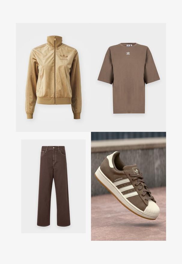 Tan velour zip-up jacka med hög krage. Har ribbade ärmslut och nederkant, sidofickor och broderad logga på bröstet.; Brun bomull t-shirt med kort ärm, rund halsringning och vit Adidas-logotyp centrerad på bröstet, med en enkel design och avslappnad passform.; Bruna vida jeans med kontrasterande sömmar, fem fickor och metalldragknapp. Slät textur, rak skärning.; Bruna mockasiner i mocka med vita ränder, krämfärgade detaljer och en gummitå. Har snörning och en texturerad gummisula.