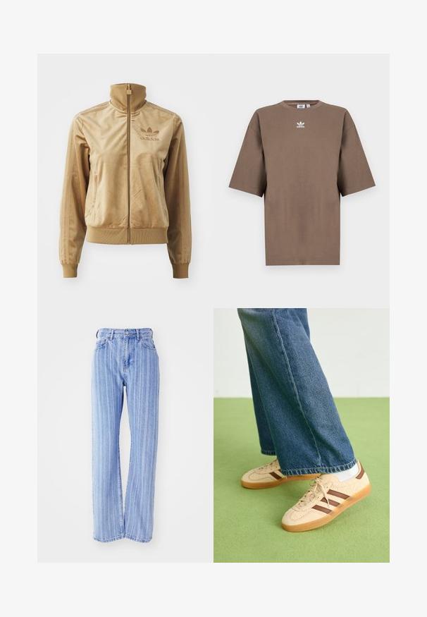 Kreemjas veluurist kapuutsiga jakki, mis sulgub tõmbel. Omab soonikkudega mansette ja allääri, küljetaskuid ning tikandiga logo rinnal.; Pruun puuvillane T-särk lühikeste varrukatega, ümar kaelus ja valge Adidas'i logo keskpunktis rinnal, lihtne disain ja mugav lõige.; Heledad sinine teksapüksid, millel on vertikaalsed valged triibud, kõrge talje, lõtv istuvus, viis taskut ja nööpidega sulgemine.; Beežid spordijalatsid tekstuursete kreemjatest paneelidest ja pruunidest triipudest, koos siniste denim pükstega. Püksid on avara säärega ja narmendava äärega.
