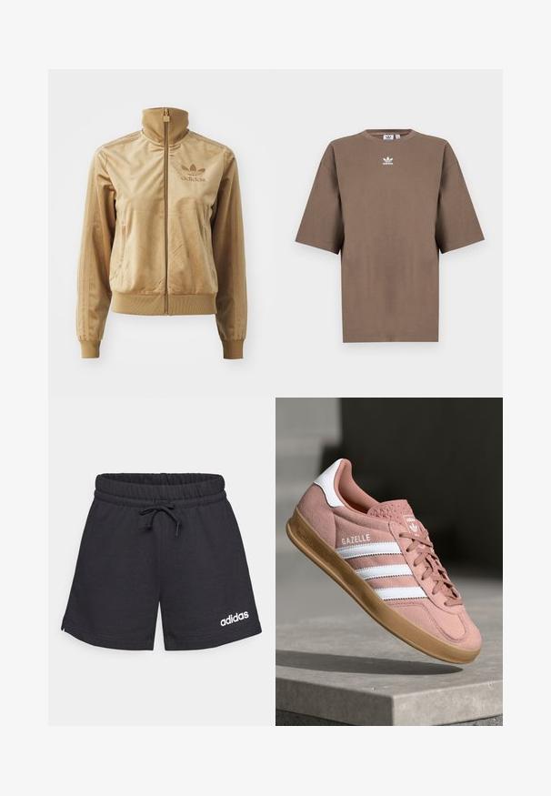 Bež velur jakna na zip z visokim ovratnikom. Ima rebraste manšete in rob, stranske žepe ter izvezeno logo na prsih.; Brahna bomba majica s kratkimi rokavi, okroglo ovratnikom in belim Adidasovim logotipom v sredini prsnega dela, z enostavnim dizajnom in sproščenim krojem.; Črne atletske kratke hlače iz mehkega blaga, opremljene z elastičnim pasom z vrvico in belim logotipom na levem robu.; Roza semiš športni copat z belimi črtami, gumijastim podplatom, teksturiranim zgornjim delom in logotipom na ježku. Klasična nizka zasnova.