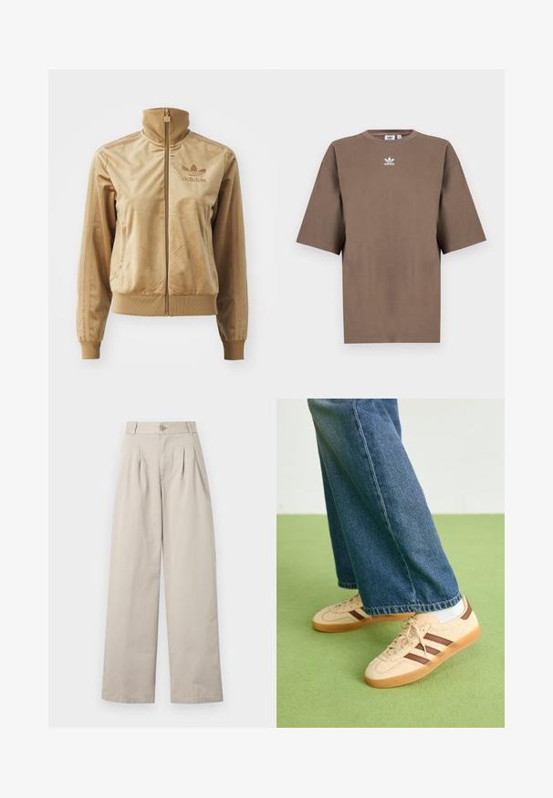 Veltīgs bēšs ar zips aizdara žakets ar augstu apkakli. Satur ribotās aproces un apakšmala, sānu kabatas un izšuvumu uz krūts.; Brūna kokvilnas T-krekls īsām piedurknēm, apaļa kakla izgriezums, ar baltu Adidas logo centrā krūtīs, ar vienkāršu dizainu un brīvu piegriezumu.; Kafijas krāsas platās bikses, izgatavotas no kokvilnas, ar priekšējām krokām, pogu aizdari, jostu cilpām un gludu tekstūru.; Beidzīgi krēmbalti sporta apavi ar tekstūru un brūnā svītra, apvienoti ar zilu džinsu biksēm. Džinsus raksturo plata kāja un saplēsts apakšmalas dizains.