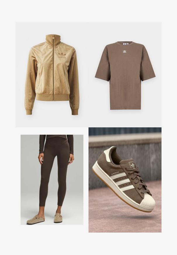 Bež velur jakna s patentnim zatvaračem i visokim ovratnikom. Sadrži rebraste rukave i rub, bočne džepove i izvezeni logotip na prsima.; Smeđa pamuk majica s kratkim rukavima, okruglim izrezom i bijelim Adidas logotipom centriranim na prsima, s jednostavnim dizajnom i opuštenim krojem.; Smeđe tajice visokog struka napravljene od rastezljivog materijala, prilagodljivog dizajna s glatkom teksturom, u kombinaciji s ležernim bež klocnama.; Smeđi suedetenisice s bijelim prugama, kremastim naglascima i gumenkatom nosu. Imaju vezano dizajn i teksturiranu gumu.