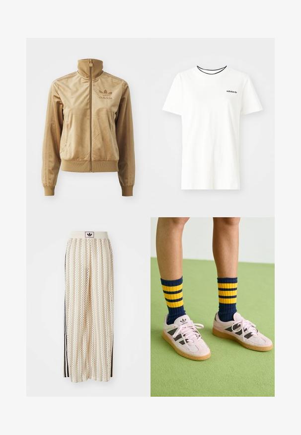 Bež velur jakna na zip z visokim ovratnikom. Ima rebraste manšete in rob, stranske žepe ter izvezeno logo na prsih.; Bela bomba majica iz bombaža s kratkimi rokavi in okroglim izrezom. Ima črni Adidas logotip na prsih ter kontrastni črni notranji ovratnik.; Hlače širokega kroja kremne barve z zigzag vzorcem, opremljene z črnim logotipom na pasu in stranskimi črnimi črtami. Lahka, teksturirana tkanina.; Svetlo roza zamšaste superge z črnimi črtami in gumijastimi podplati, v kombinaciji z morsko modrimi in rumenimi prugastimi rebrastimi nogavicami. Zeleno teksturirano tla.