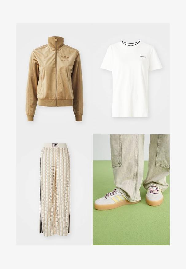 Tan velour zip-up jakke med høy krage. Den har ribbestrikkede mansjetter og kant, sidelommer og brodert logo på brystet.; Hvit bomull t-skjorte med korte ermer og rund hals. Har en svart Adidas-logo på brystet og en kontrasterende svart indre krage.; Kremfargede bukser med brede ben og zigzag-mønster, med en svart logo-linning og svarte striper på siden. Lett, teksturert stoff.; Skoene har et lysegrått semsket skinn øvre, tre gule striper og flerfargede snøringer. Gummisåle for godt grep. Brukt med lyse khaki-bukser.