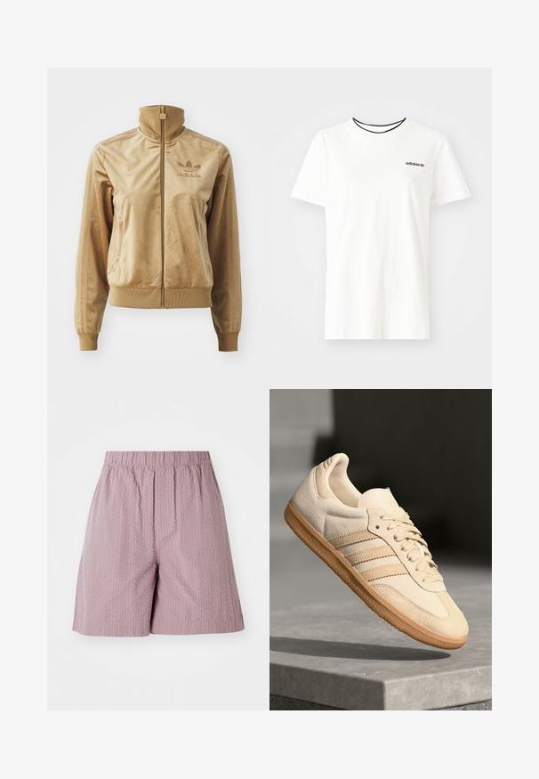 Tan Velours Sweatjacke mit hohem Kragen. Verfügt über gerippte Bündchen und Saum, seitliche Taschen und ein gesticktes Logo auf der Brust.; Weißes Baumwoll-T-Shirt mit kurzen Ärmeln und rundem Halsausschnitt. Mit einem schwarzen Adidas-Logo auf der Brust und einem kontrastierenden schwarzen Innenkragen.; Helle rosa Shorts aus strukturiertem Stoff mit elastischem Bund und geradem Schnitt. Verfügt über ein dezentes Muster und einen sauberen Saum.; Helle beigetöne Wildledersneaker mit Gumminsohle, drei schrägen Streifen und einer strukturierten Zehenkappe. Mit Logo auf der Zunge und der Seite.