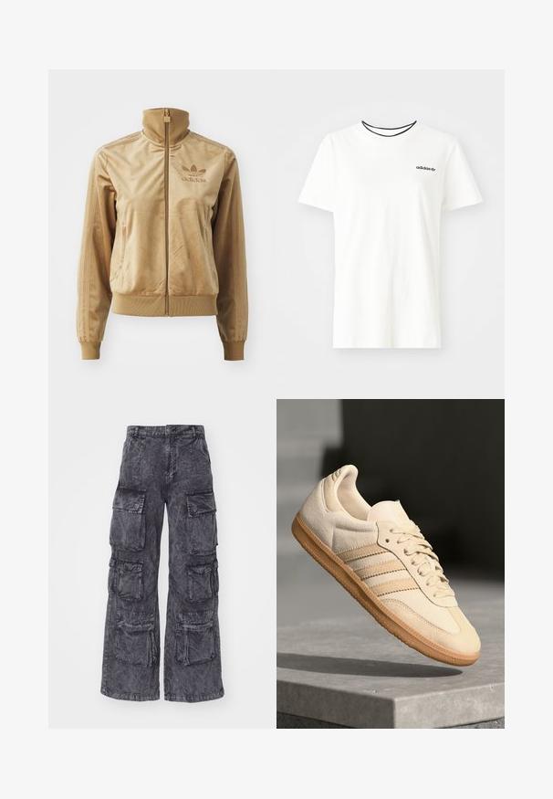 Tan velours zip-up jack met een hoge kraag. Bevat ribgebreide boorden en zoom, zijzakken en een geborduurd logo op de borst.; Witte katoenen t-shirt met korte mouwen en een ronde halslijn. Heeft een zwart Adidas-logo op de borst en een contrasterende zwarte binnenkraag.; Alpha Industries MULTIPOCKET PANT - Cargobroek - black; Lichtbeige suède sneaker met een gumrubberen buitenzool, drie diagonale strepen en een textuur op de neus. Voorzien van een logo op de tong en de zijkant.