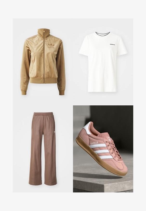 Jaqueta de veludo bege com fecho éclair e gola alta. Apresenta punhos e bainha canelados, bolsos laterais e logótipo bordado no peito.; T-shirt de algodão branca com mangas curtas e decote redondo. Apresenta um logo preto da Adidas no peito e uma gola interna preta em contraste.; Sweatpants largos e castanhos feitos de tecido suave, apresentando bolsos laterais e riscas brancas ao longo das costuras. Cintura elástica para conforto.; Sapatilhas em camurça rosa com riscas brancas, sola de borracha, parte superior texturizada e logótipo na língua. Design clássico de cano baixo.