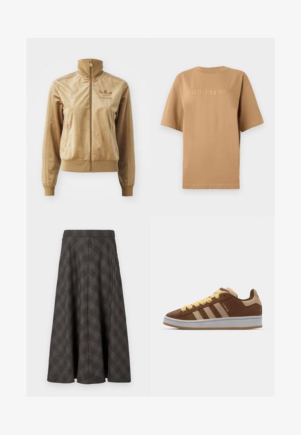 Tan velours zip-up jack met een hoge kraag. Bevat ribgebreide boorden en zoom, zijzakken en een geborduurd logo op de borst.; Bruine katoenen t-shirt met korte mouwen en ronde halslijn. Voorzien van een verhoogd 'adidas' logo en trefoil-embleem in een bijpassende kleur.; Bruine geruite midi-rok met een uitlopende vorm, een gladde textuur, een tailleband en lichtblauwe accenten in het patroon.; adidas Originals CAMPUS 00S DOUBLE - Skateschoenen - preloved brown/sand strata/orange tint